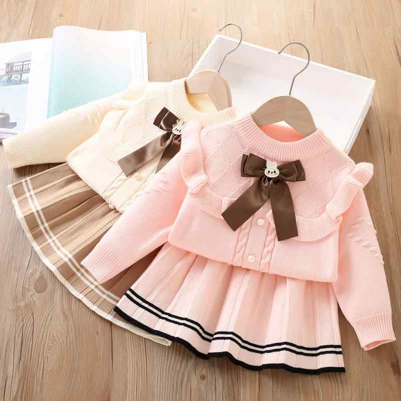 ニット セットアップ キッズ 女の子 かわいい 韓国風 リボン プルオーバー 長袖 アクリル ピンク ベージュ ローズピンク 2点セット 秋冬