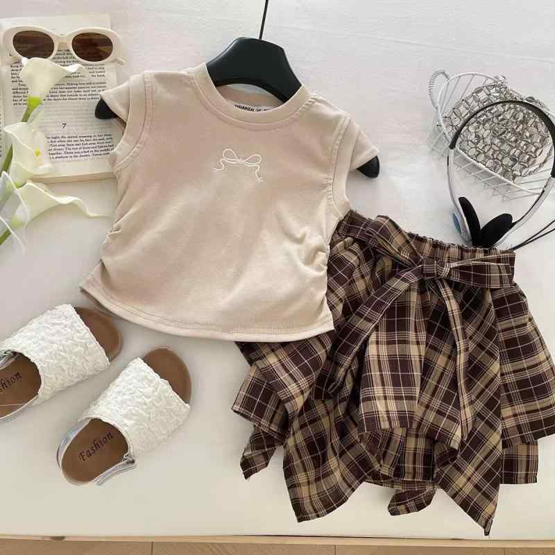 セットアップ 女の子 キッズ 春夏 フリル袖 Tシャツ アシンメトリー 格子柄 ショートスカート 韓国風 綿 薄手 2点セット かわいい カジュアル