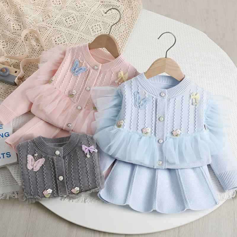 ニットセットアップ 女の子 キッズ 長袖 カーディガン スカート 2点セット おしゃれ かわいい スウィート ピンク ライトブルー グレー お出かけ 春秋冬 アクリル