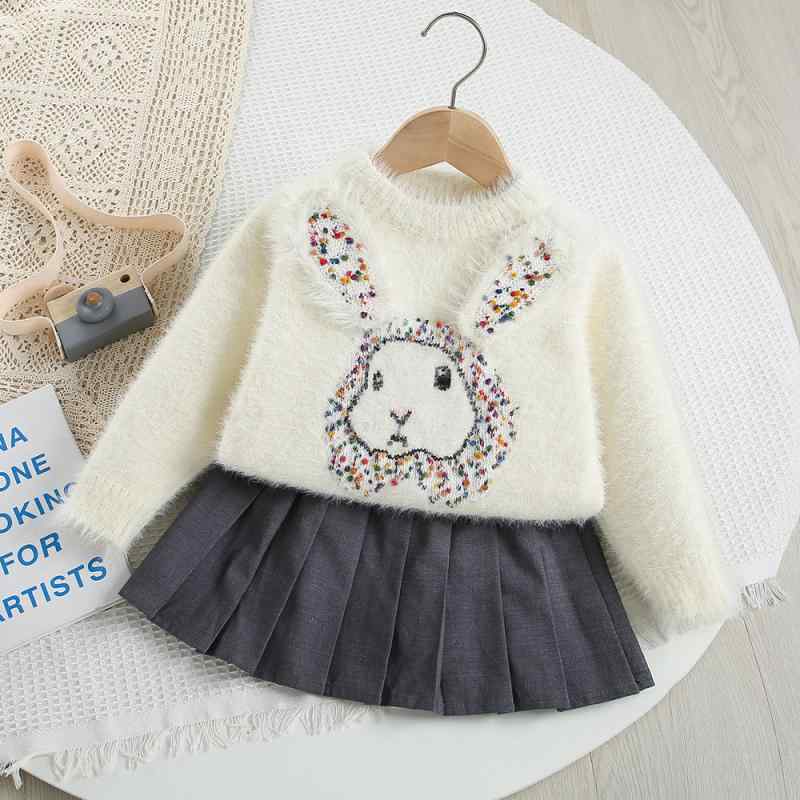 ニット 女の子 キッズ スカート セットアップ プルオーバー フェイクファー ふわふわ ウサギ柄 ラウンドネック かわいい おしゃれ 韓国風 ホワイト 秋冬春