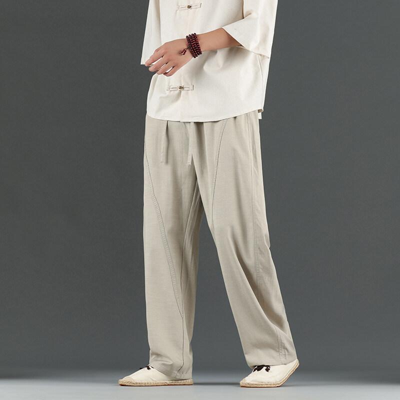 パンツ メンズ 春夏 チャイナ風 テンセル 麻 落ち感 ストレート 薄手 ロング丈 ミドルウエスト 伸縮性 カジュアル 普段使い ホワイト ブラック
