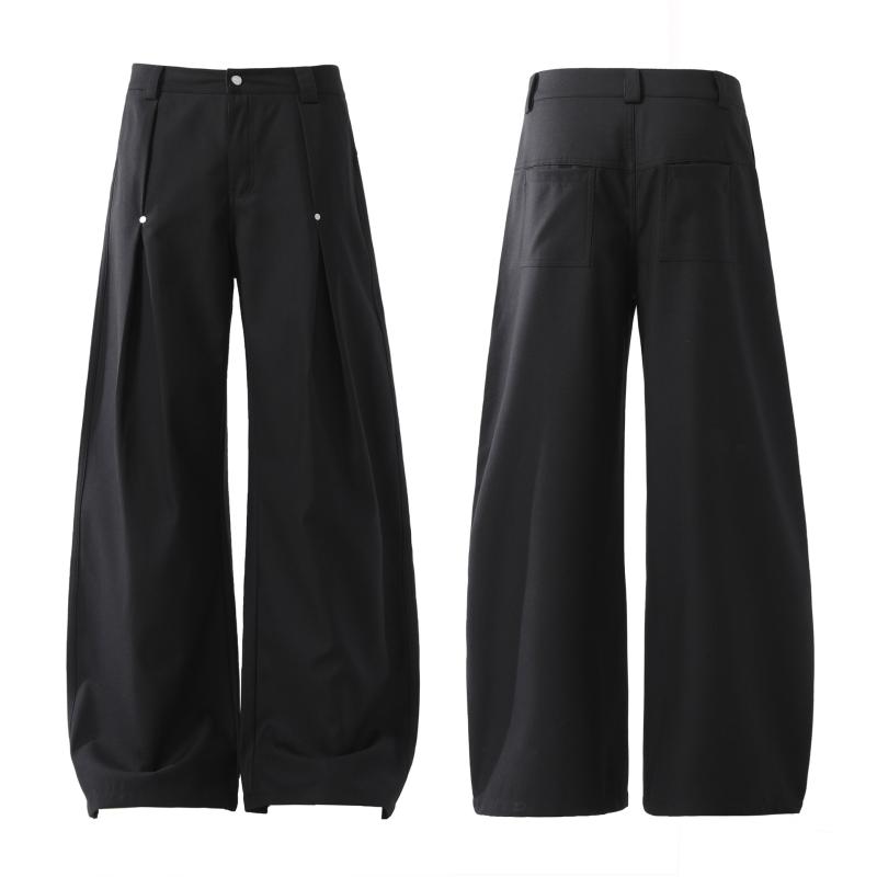 カジュアルパンツ ユニセックス アメカジ レトロ ヴィンテージ ドレープ タック カーブシルエット ワイド ルーズ リベット スラックス 普段使い ブラック ポリエステル アセテート混紡
