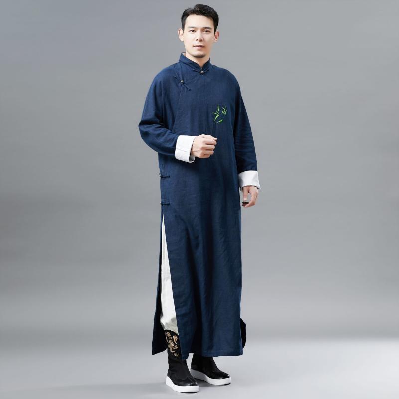 チャンパオ 漢服 メンズ 成人男性 ロング丈 長袍 竹柄 刺しゅう 麻 カラムシ 薄墨色 黒いこと 米国海軍 濃紺色 一こまお召しもの 心地よい 中国風 唐装