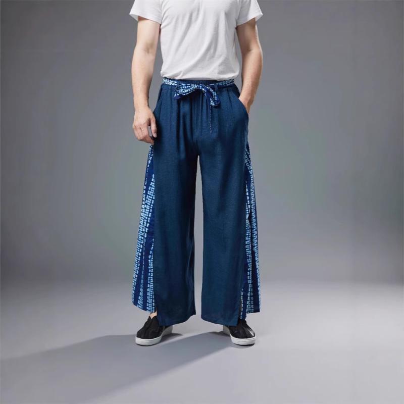 カジュアルパンツ メンズ ワイドパンツ ウエストゴム ゆったり リラックスフィット イージーパンツ ロングパンツ 切り替え 総柄 綿麻 通気性 レトロ 中華風