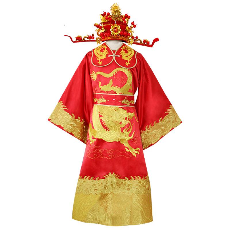 舞台衣装 メンズ 男性用 財神 龍袍 漢服 古代衣装 福禄寿 金糸刺繍 豪華 高級感 サテン生地 赤色 レッド ダンス 演劇 イベント コスチューム