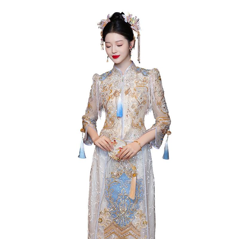 秀禾服 レディース 立ち襟 豪華刺繍 体型カバー 細見え ウェディングドレス 結婚式 披露宴 婚約パーティー 前撮り フォトウェディング 夏 ロング丈 長袖 ポリエステル ポリウレタン