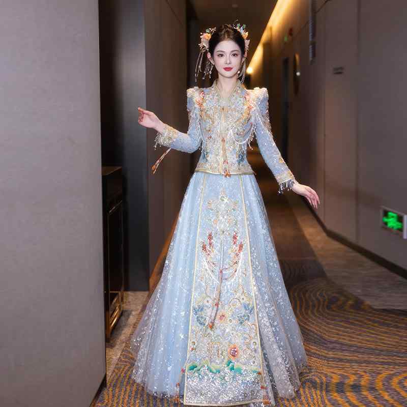 秀禾服 レディース 春夏 花嫁御寮 花嫁御寮 華燭の典 交歓会 華燭の典 お色直し 飛び切り感 重厚刺しゅう 表現スタイル引き上げる 立ち襟 長袖 瀬戸もの御召しもの