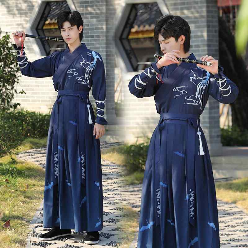 漢服 メンズ 中国風 刺・墸 武侠剣士 貴公子 小花柄 綿素材 上下セット ブルー 学園祭 文化祭 舞台衣装 コスプレ 仮装 イベント用