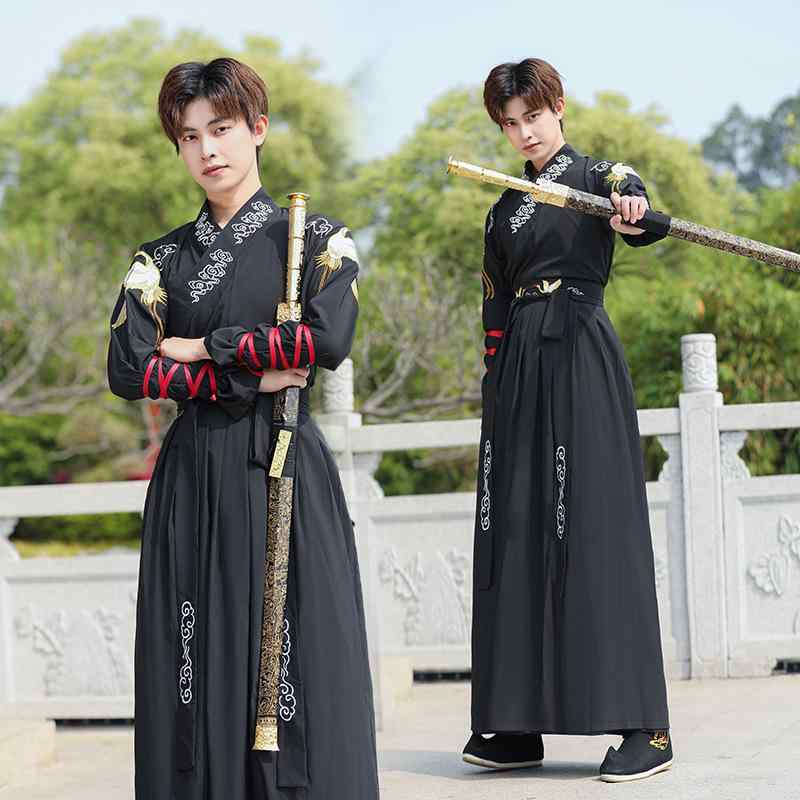 漢服 メンズ 刺・墸 中国風 武侠風 スタイリッシュ 重厚感 貴公子風 ブラック 春夏 成人式 礼服 舞台衣装 発表会 演劇 コスプレ 学生