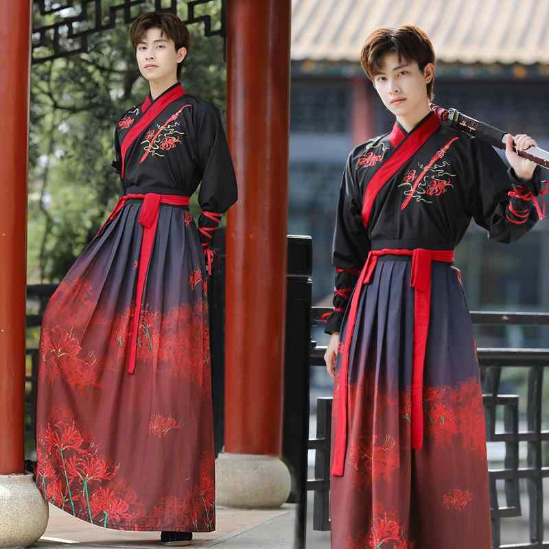 漢服 メンズ 中国風 武侠スタイル 侠客 古風 彼岸花柄 仙気 華やか 大袖 衣装 上下セット 学生 公子 コスプレ イベント 舞台衣装 撮影