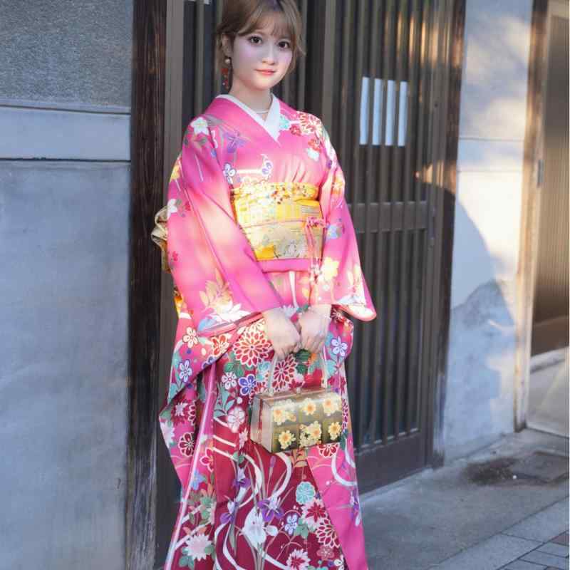 振袖 レディース 日本伝統 和服 成人式 結婚式 卒業式 年末年始 フォーマル 改良版 着付け簡単 防シワ ノーアイロン ポリエステル ローズレッド 春夏