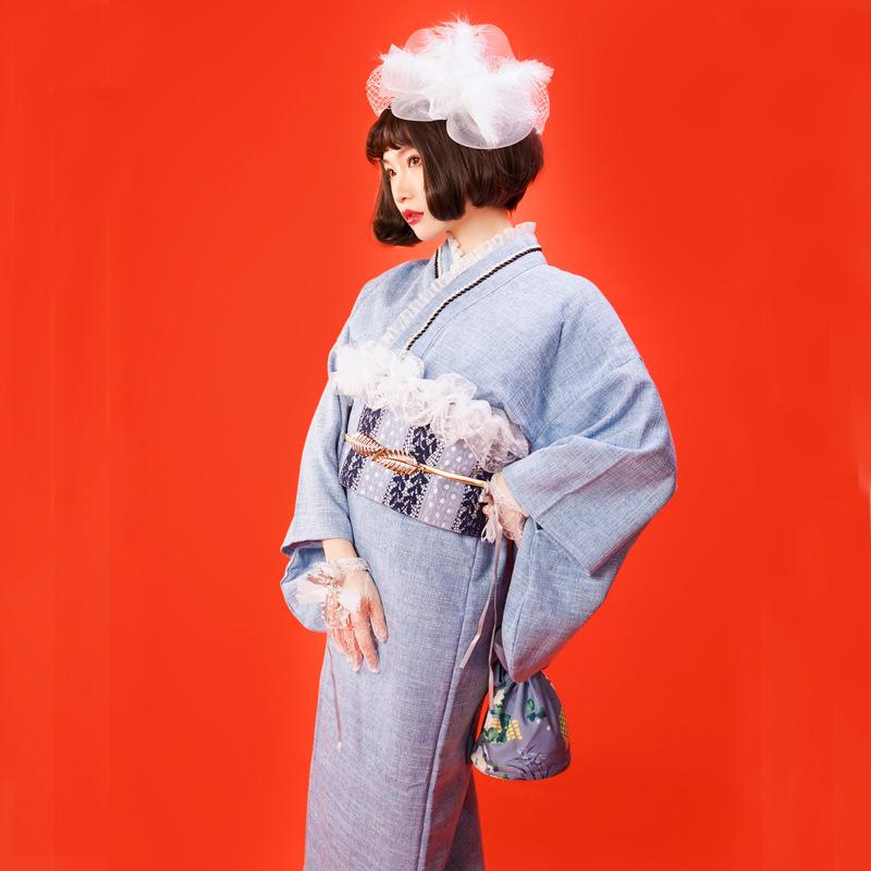 和服 レディース 女性用 改良型 簡易着用 着付け簡単 レース 小紋柄 大正ロマン風 和モダン 青 綿混紡 ポリエステル 普段使い お洒落着 和装|花りぼん