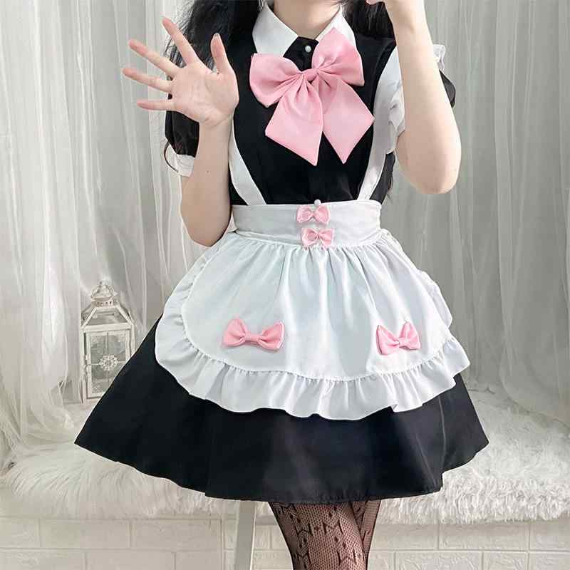 メイド服 男性用 ロリータ コスプレ イベント ハロウィン 普段使い 清楚 かわいい フェミニン 甘め ポリエステル リボン 黒 白 ピンク ワンピース ドレス ロング丈 Aライン
