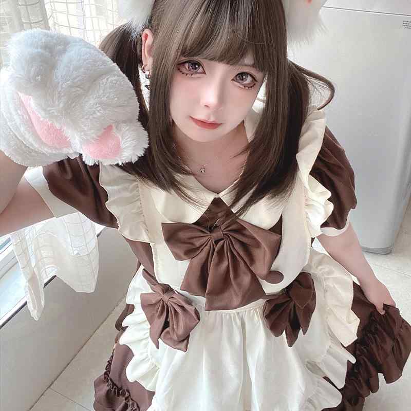 ロリータドレス レディース メイド服 甘ロリ ワンピース コスプレ 衣装 フリル リボン カフェ ウェイトレス アニメ イベント ハロウィン ポリエステル ブラウン ブラック ピンク