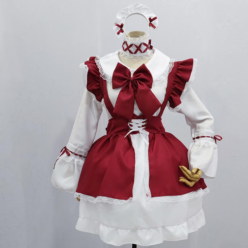 ワンピース レディース 大きいサイズ ロリータ メイド服 かわいい 日系 ポリエステル プリンセスライン 丸襟 パフスリーブ フリル 3点セット コスプレ イベント パーティー衣装