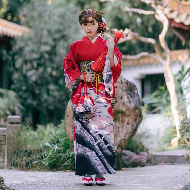 お召しもの お上さん用 振袖 短い訪問着 燕尾服 和装 フォーマル 言い慣わし的 今めかしい 絵羽模様 鶴柄 御前上等感 晴れ着 成年者式 卒式 御芽出度 はいり込む式 儀式用 ポリエステル 赤いこと 雅びやか