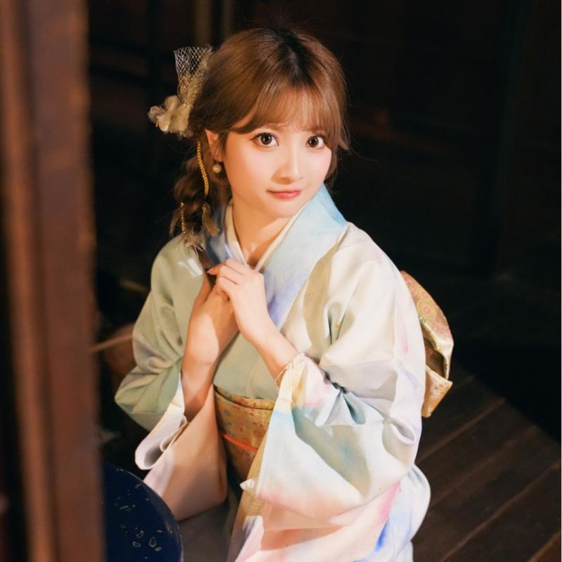 和服 少女 レディース 改良版 タイダイ染め グラデーション 雲河柄 清涼感 さわやか ポリエステル 湖水色 アクアブルー 春夏 普段使い イベント 着物