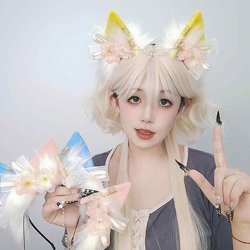ヘアバンド 男女兼用 ロリータ 中華風 古風 狐耳 狼耳 獣耳 カチューシャ コスプレ 小物 イベント 仮装 かわいい ふわふわ もこもこ アニマル