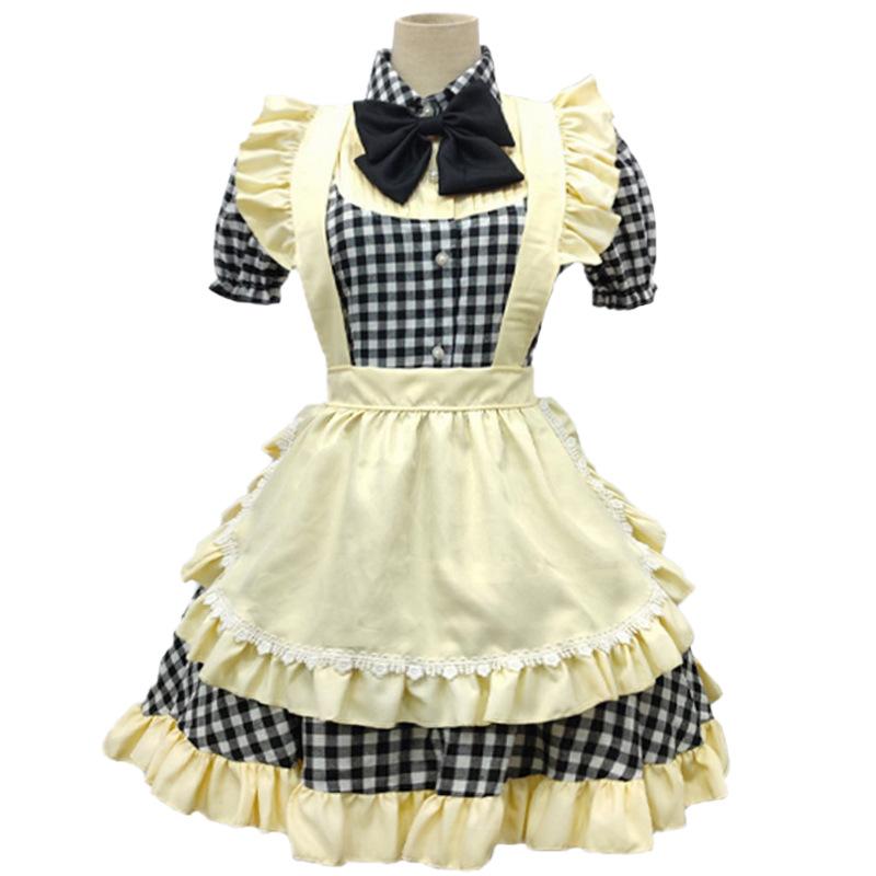 メイド服 レディース ロリータ プリンセスドレス コスプレ衣装 スクール風 制服 ハロウィン チェック柄 ポリエステル混紡 ブラック レッド