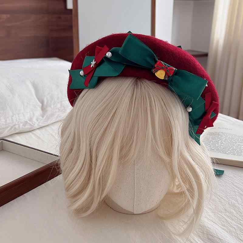 ベレー帽 クリスマス 赤色 レッド リボン ウール 羊毛 Y2K ミレニアム JK風 スイート かわいい ガーリー フェミニン 秋冬 ファッション小物 ハット 普段使い お出かけ