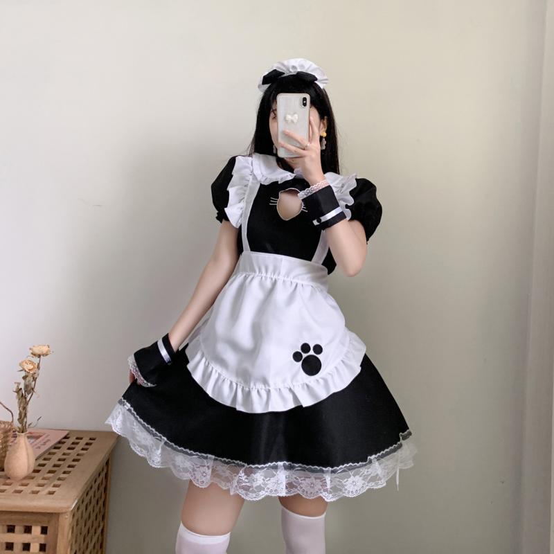メイド服 レディース 猫耳 オープンバスト ロリータ セクシー かわいい 猫娘 アニメ風 日系 ソフトガール コスプレ 衣装 イベント ハロウィン 撮影会 ポリエステル ブラック ホワイト