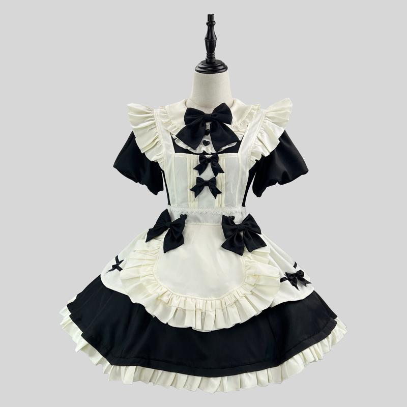 ワンピース レディース ロリータ ドレス メイド服 フレンチ ガーリー パフスリーブ ウエストマーク エプロン付き エレガント コスプレ 衣装 ポリエステル 秋冬