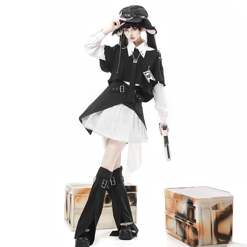 ロリータ レディース セットアップ 夜行兎モチーフ かわいい ゴスロリ パンクスタイル ワンピース スカート ブラウス レッグウォーマー 長袖 ポリエステル 春夏 お出かけ