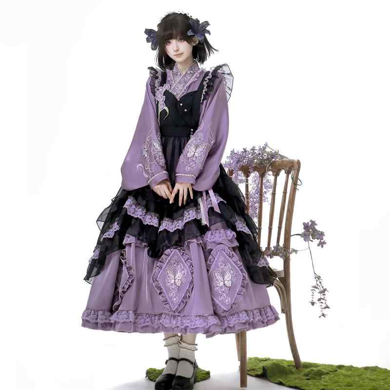 ロリータ レディース ワンピース エプロンドレス 胡蝶蘭柄 デイリーユース スウィート セットアップ プリンセス風 清楚 かわいい エレガント ポリエステル 春夏