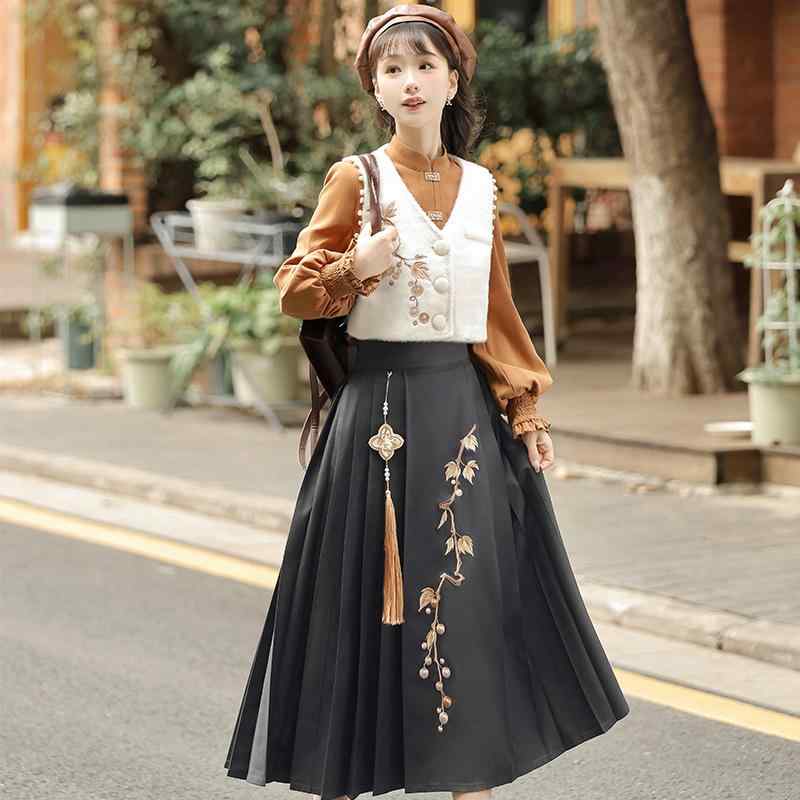 漢服 レディース 女性用 中国風 改良 漢元素 ベスト シャツ スカート 3点セット ポリエステル 秋冬 デイリー 普段使い お出かけ 軽量 快適 ゆったり 体型カバー