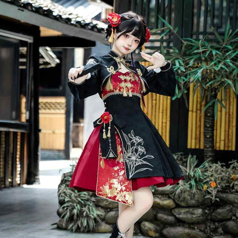 セットアップ レディース 漢服 新中国風 レトロ トップス キャミソールワンピース ショートスカート レッグウォーマー 半袖 ハイネック ポリエステル 秋 5,078円