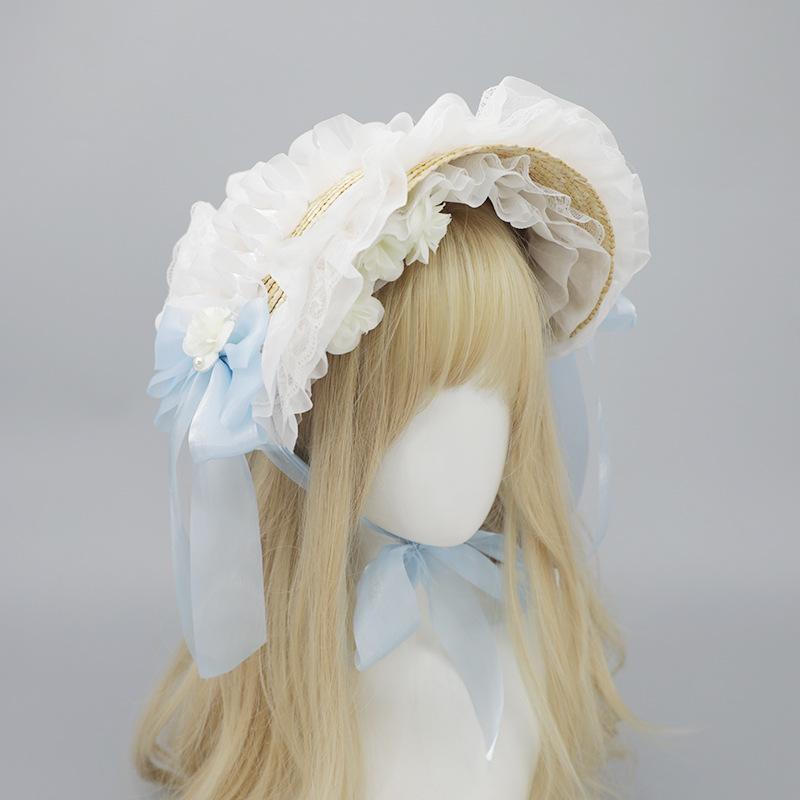 麦わら帽子 レディース ロリータ ボンネット 手作り 花柄 フラワーモチーフ ラウンドトップ つば広 ポリエステル UVカット 日よけ 通気性 ガーリー スイート かわいい 多色