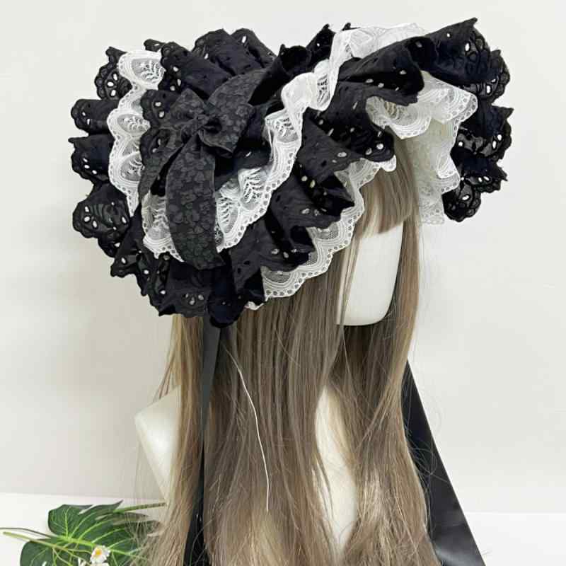 ボンネット レディース ロリータ ゴシック ダークスタイル レース ハンドメイド 麦わら帽子風 ヘッドドレス 春夏 オフホワイト ブラック レッド