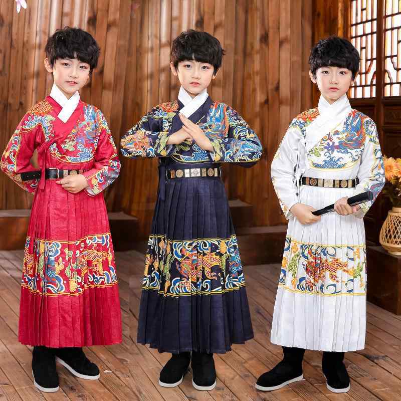 漢服 男の子 子供 キッズ 飛魚服 明朝様式 錦衣衛 龍袍 蟒袍 かっこいい 舞台衣装 発表会 イベント コスプレ 再生繊維 ワインレッド ホワイト ダークブルー
