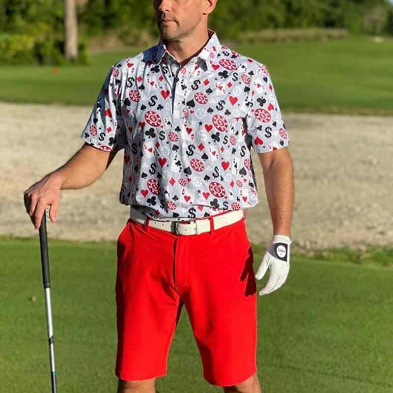 ゴルフ ポロシャツ メンズ 半袖 上質 スポーツウェア 夏物 トランプ柄 軽量 速乾 ストレッチ 快適 通気性 ポリエステル スカイブルー