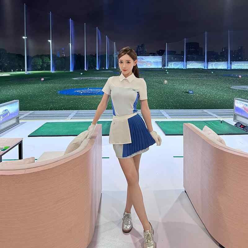 スポーツウェア ゴルフ レディース 女性用 スタイリッシュ ポロシャツ スコート 速乾 伸縮性 プリーツ ナイロン スパンデックス 春夏 ブルー系 ホワイト|花りぼん