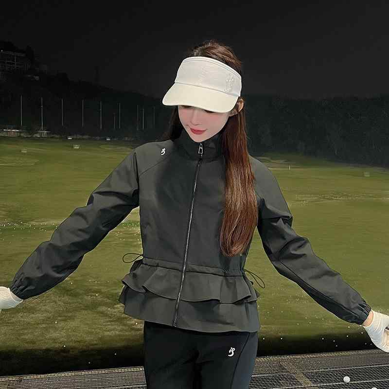 ゴルフ アウター レディース 春夏 ウエストシェイプ 細見え 長袖 スポーツ ファッション ジャケット 韓国風 ポリエステル 黒 白 伸縮性