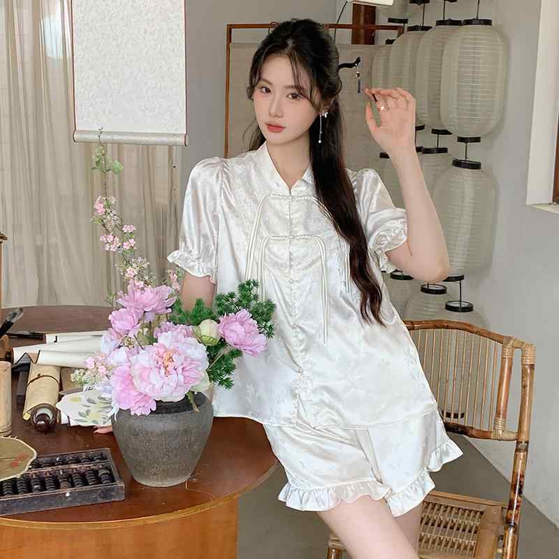 パジャマ お部屋お召しもの レディース お上さん用 春夏 当たること冷感 ポリエステル 薄っぺら 半袖 遊撃手ズボン下 2点仕掛ける 背広 瀬戸もの風 大時代 新中華風 お部屋着 好いたらしい 快眠 伸び伸びする 杏