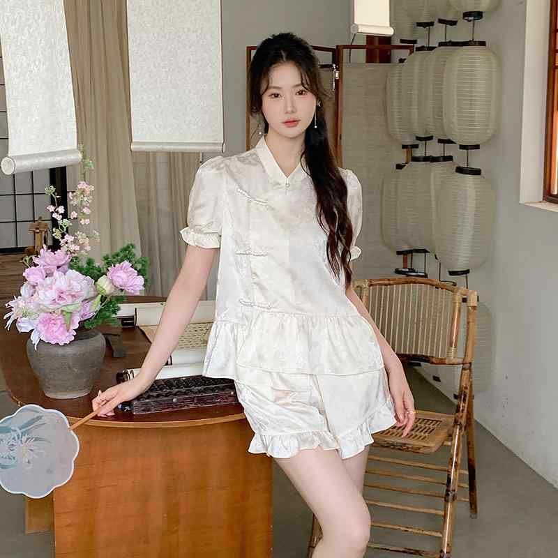 お部屋お召しもの レディース 中華風 レトロモダン 当たること冷感 ひんやり 半袖 遊撃手ズボン下 上下仕掛ける パジャマ 春夏 薄っぺら 好いたらしい ポリエステル 杏 サクラ色