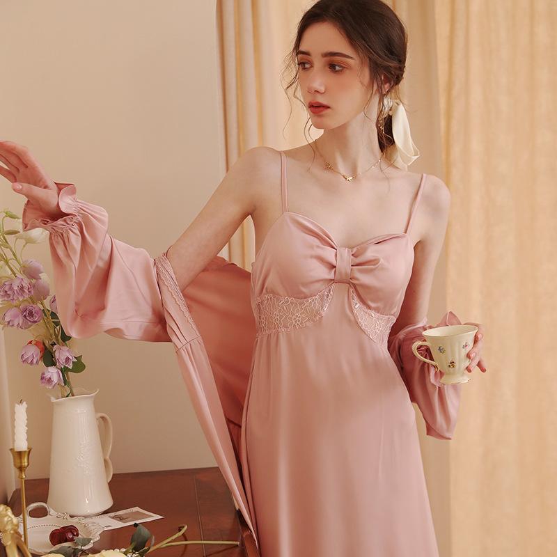 パジャマ レディース 当たること冷感 艶っぽい 薄っぺら 長袖 ロング丈 セットアップ 春夏 ポリエステル お部屋着 お部屋お召しもの 皮膚軟化剤 スモーキーピンク