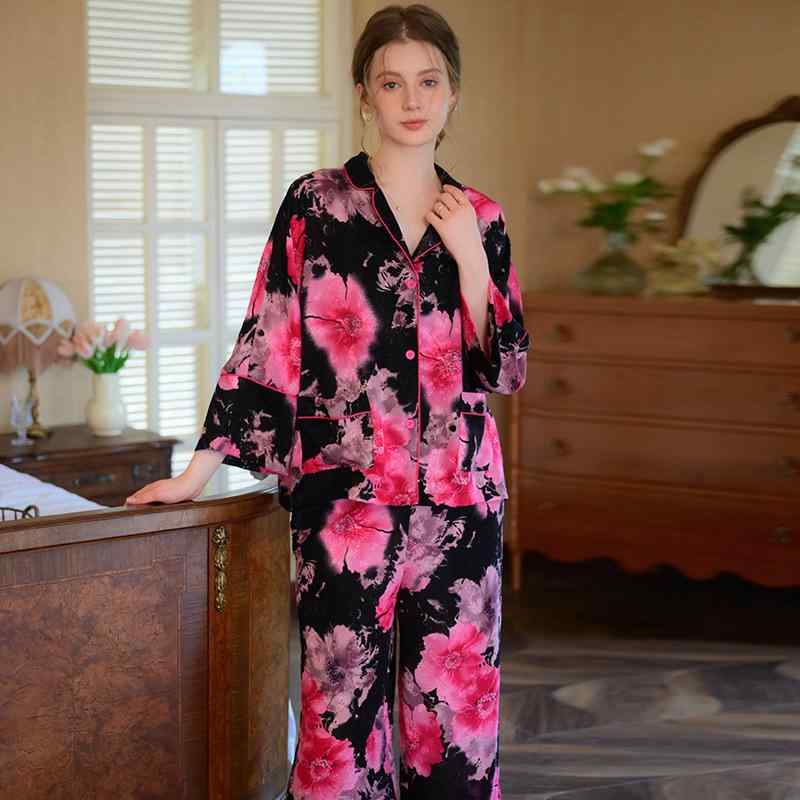 お部屋お召しもの レディース 春夏 当たること冷感 ポリエステル ゆったり 伸び伸びする填まる 刷り上げる 柄物 御前上等感 2点仕掛ける セットアップ 長袖 長ズボン ワンマイルウェア お部屋着 普段使い走り 好いたらしい 薄っぺら