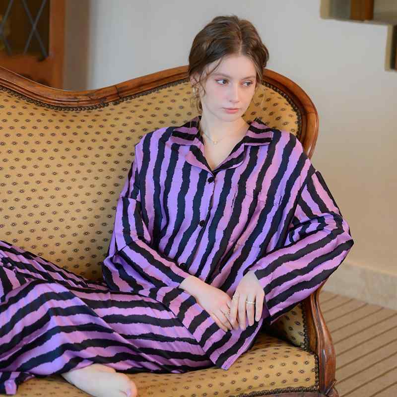 お部屋お召しもの レディース 春夏 長袖 ロングズボン下 当たること冷感 薄っぺら ポリエステル 縞模様柄 分かりやすい 心地よい 御前上等感 セットアップ
