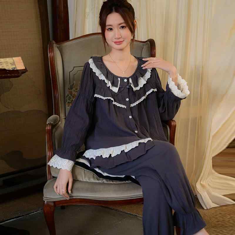 パジャマ レディース フレンチ表現スタイル お部屋お召しもの セットアップ 年月 長袖 ロングズボン下 綿 薄っぺら 丸首 愛くるしげ 好いたらしい お部屋着 おうち第四次元