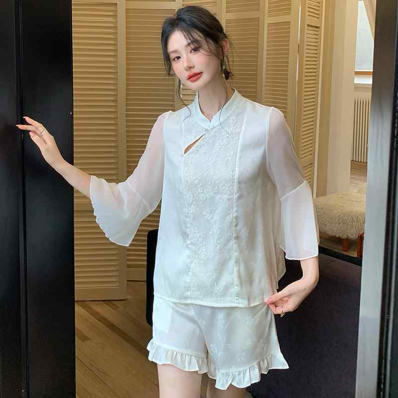 レディース お部屋お召しもの 春夏 中華風 当たること冷感 薄っぺら ポリエステル 半袖 五分袖 遊撃手ズボン下 上下仕掛ける 通気性 伸び伸びする お部屋着 心地よい 杏色