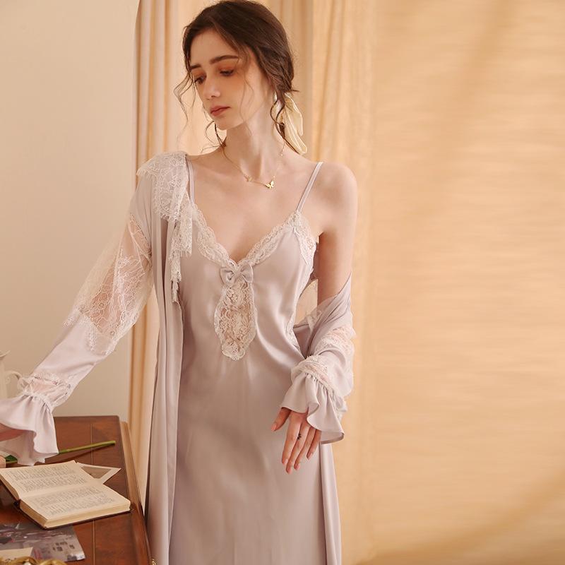 お部屋お召しもの レディース フレンチ 雅びやか 艶っぽい 当たること冷感 薄っぺら パジャマ 長袖 ロング丈 2点仕掛ける ポリエステル 好いたらしい お部屋着 春夏 グレイッシュパープル 皮膚軟化剤ベージュ