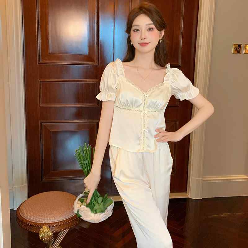お部屋お召しもの レディース パジャマ お上さん用 当たること冷感 ひんやり 薄っぺら 軽さ 半袖 長ズボン 遊撃手ズボン下 3点仕掛ける 無地 ポリエステル セットアップ お部屋着 普段使い走り お出かけ 夏秋 通気性 心地よい 愛くるしげ サクラ色サクラ色