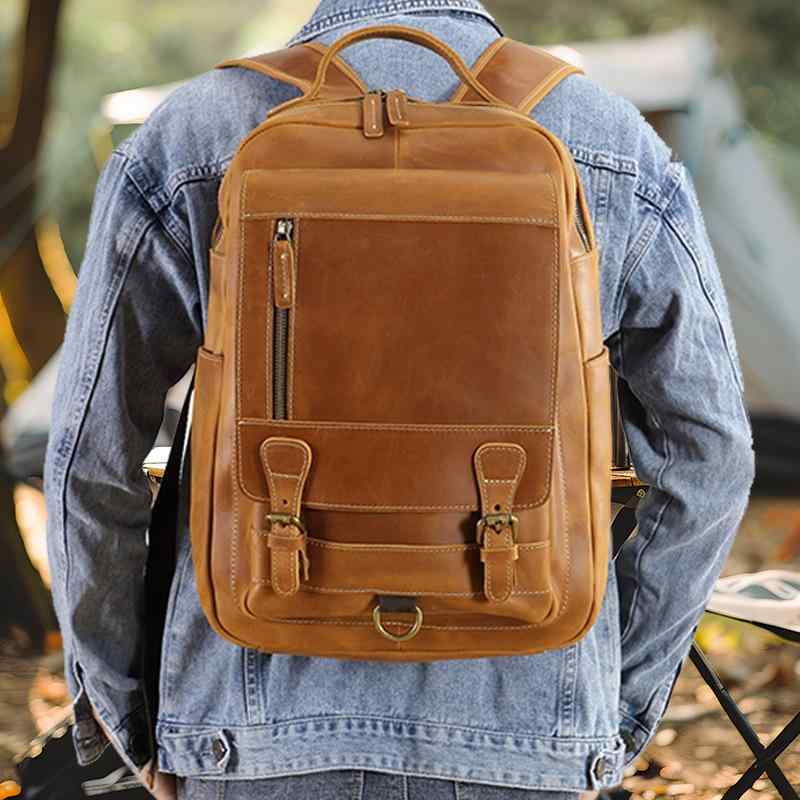 リュック メンズ 男性用 クレイジーホースレザー 本革 牛革 PC収納 15インチ対応 大容量 通勤 ビジネス 旅行 アウトドア 普段使い 耐摩耗性 ヴィンテージ コーヒーブラウン ダークブラウン｜花りぼん