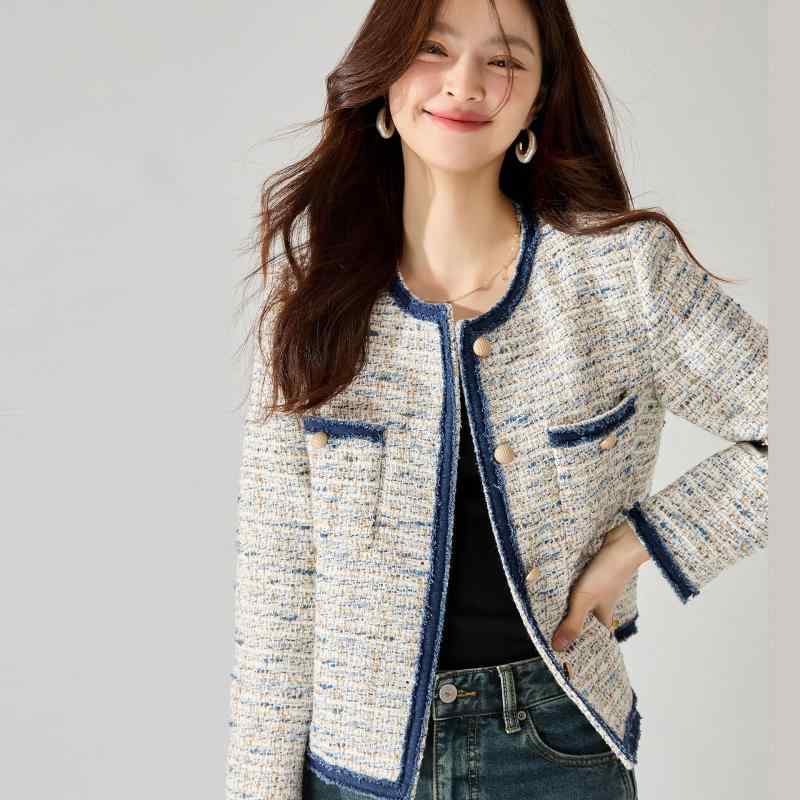 ジャケット レディース 秋 ミックスカラー 羊毛 ツイード デニム 切り替え フリンジ ショート丈 ラウンドネック 長袖 上品 きれいめ 通勤 ブルー