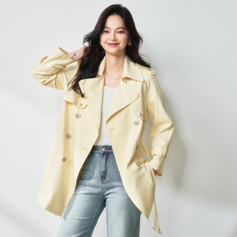 トレンチコート レディース ゆったり 真っただ中丈 ダブル前胸部 襟付き添い人 韓国風 好いたらしいめ心地好い 窈窕たる ポリエステル 秋アウター 黄色 通い 普段使い