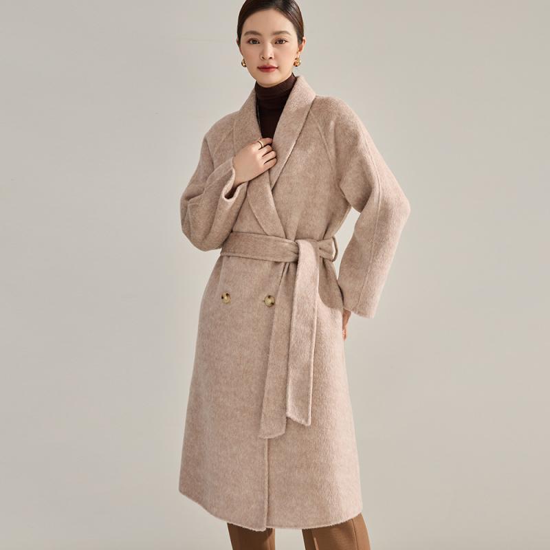 ウールコート レディース 秋冬 ダブルフェイス ゆったり 落ち感 ストレート ショールカラー ロング丈 ダブルボタン ウール キャメル混 ベージュ 通勤 オフィス