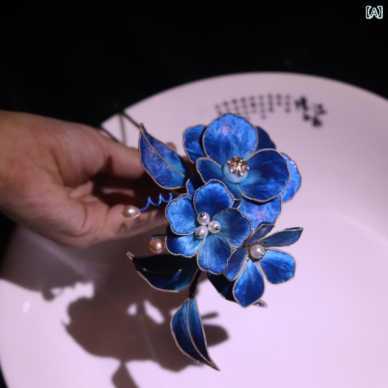 かんざし レディース 古風 レトロ シルク グラデーション ワイヤー細工 ベルベット花 漢服 中華風 宮廷風 結婚式 パーティー 誕生日 記念日 髪飾り パール ヘッドドレス
